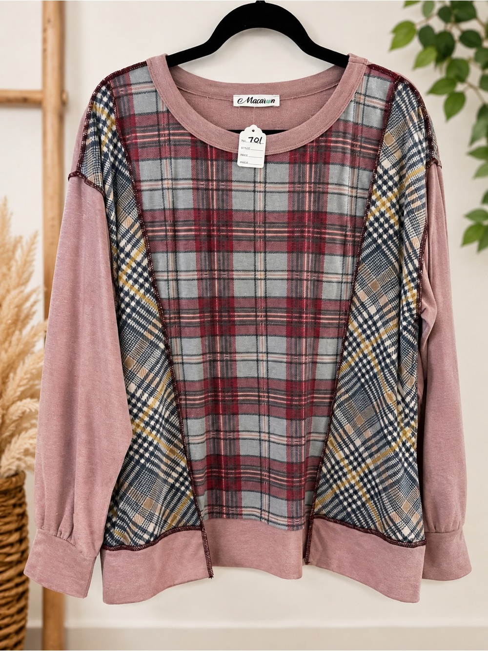 MACARON Mauve Plaid Mixed-Panel Crewneck Sweater